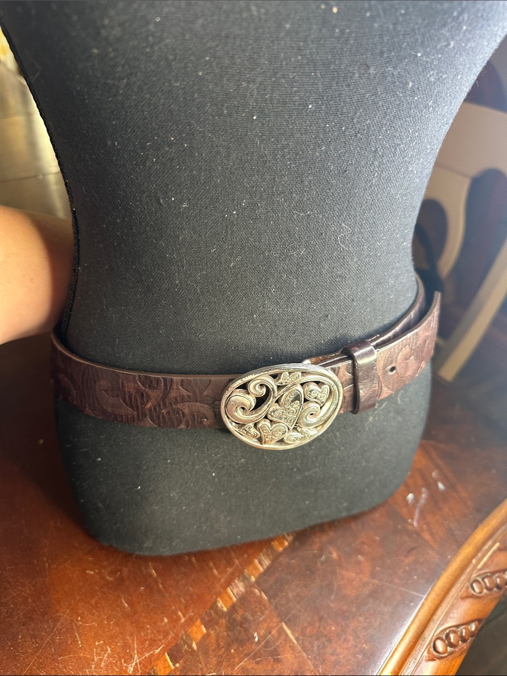 Brighton Silver Heart Scroll Buckle Belt - Dark Brown Strap